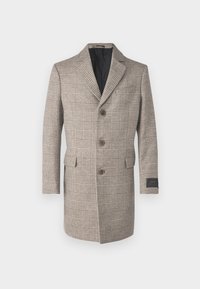 Beige hundetandet uldfrakke med en hakket krave, tre knapper, klaplommer og en sort foring, med en skræddersyet pasform og poleret tekstur.