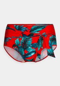 Calções de banho vermelhos com um padrão de folhas tropicais em azul-água e verde-escuro, com um laço lateral e uma textura suave.