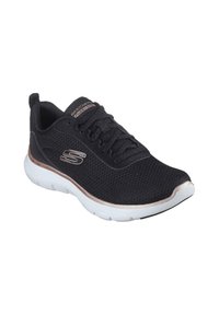 Scarpa sportiva nera realizzata in mesh traspirante con suola bianca ammortizzata e dettagli metallici color rosé dorato sulla parte superiore e sul tallone.