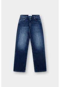 Donkerblauwe rechte jeans gemaakt van denim. Beschikt over vijf zakken, een knoop- en ritssluiting, en subtiele vervaging op de dijen.