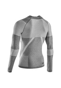 Maglietta sportiva a maniche lunghe grigia con motivi testurizzati sulle maniche e sul corpo. Presenta un design aderente e dettagli a contrasto.