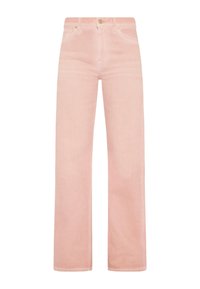 Jeans larghi in denim rosa chiaro con tasche frontali, chiusura con bottone e una leggera scoloritura. Tessuto in cotone con una consistenza liscia e una forma dritta.