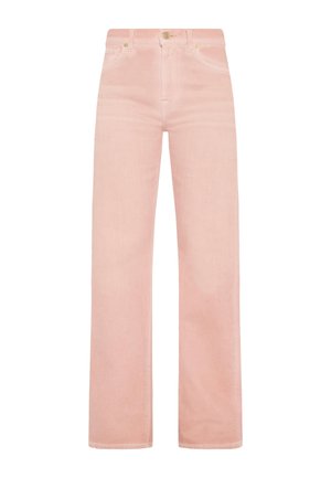 Light pink denim wide-leg jeans with front pockets, button closure, and subtle fading. Cotton fabric with a smooth texture and straight shape.