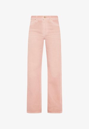 Jasnoróżowe dżinsy typu wide-leg z przednimi kieszeniami, zapięciem na guzik i subtelnym przetarciem. Bawełnowy materiał o gładkiej fakturze i prostym kroju.