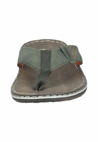 Flip-flop sandal with a green synthetic upper, brown footbed, and white stitching. Features a thong strap and durable rubber outsole.