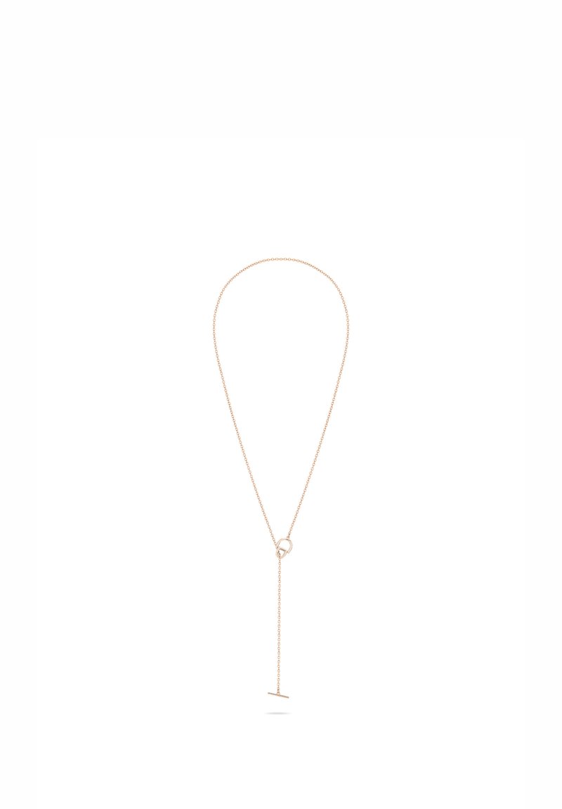 Halskette aus Roségold mit einer dünnen Kette, einem kreisförmigen Ring und einem Tropfen mit einem horizontalen Balkenakzent. Einfaches, elegantes Design.