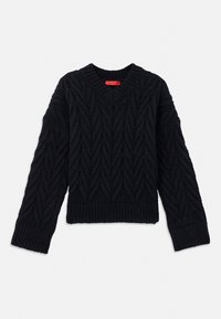 Maglione nero lavorato a maglia con scollatura a V, caratterizzato da un motivo a treccia e polsini e orlo a coste. Realizzato in un filato testurizzato per un calore aggiuntivo.