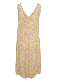 Sukienka w kwiatowy wzór w jasnym żółtym kolorze, z dekoltem w kształcie litery V, bez rękawów i miękką fakturą, ozdobiona dużymi fioletowymi i pomarańczowymi kwiatami.