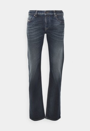 Dark blue denim jeans with a straight fit. Features five pockets, a zip fly, and contrast stitching. Smooth texture with slight fading.