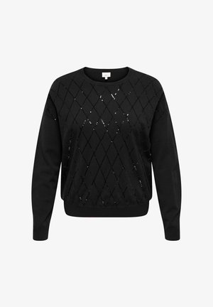 Pull noir avec un col rond, orné de sequins en forme de losanges sur le devant. Manches longues, tissu doux et ourlet côtelé.