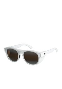 White plastic sunglasses with curved frames and dark lenses. Features a distinctive triangular accent on the frame, offering a retro shape.