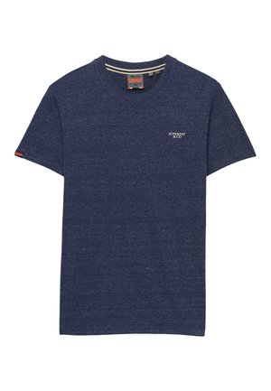 T-shirt bleu marine à manches courtes avec le logo « SUPERDRY & CO » sur la poitrine gauche et un petit logo orange au bas de la manche gauche.