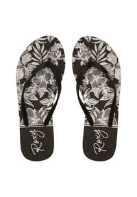 Infradito neri con un motivo floreale bianco e cinturini neri. Presentano una superficie liscia con il logo "Roxy" sulla soletta.
