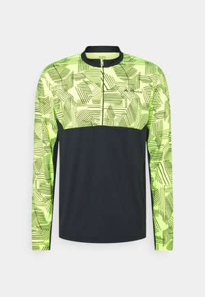 T-shirt de sport à manches longues avec zip mi-long, motif géométrique jaune fluo et noir en haut et bas uni noir.