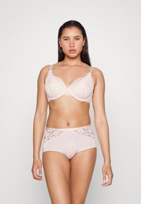 Light pink lace bra and high-waisted brief set. Bra features transparent cups with lace detailing. Brief has lace at the waistband.