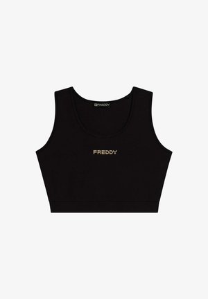 Top corto nero realizzato in tessuto liscio con scollatura tonda. Presenta un logo centrale dorato "FREDDY" sul davanti.