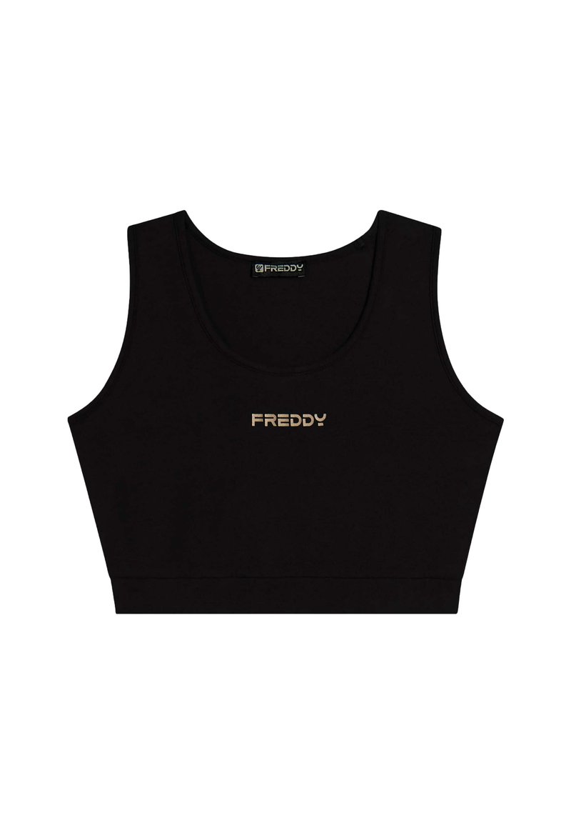 Top corto negro hecho de una tela suave con escote redondo. Presenta un logo central dorado "FREDDY" en la parte frontal.