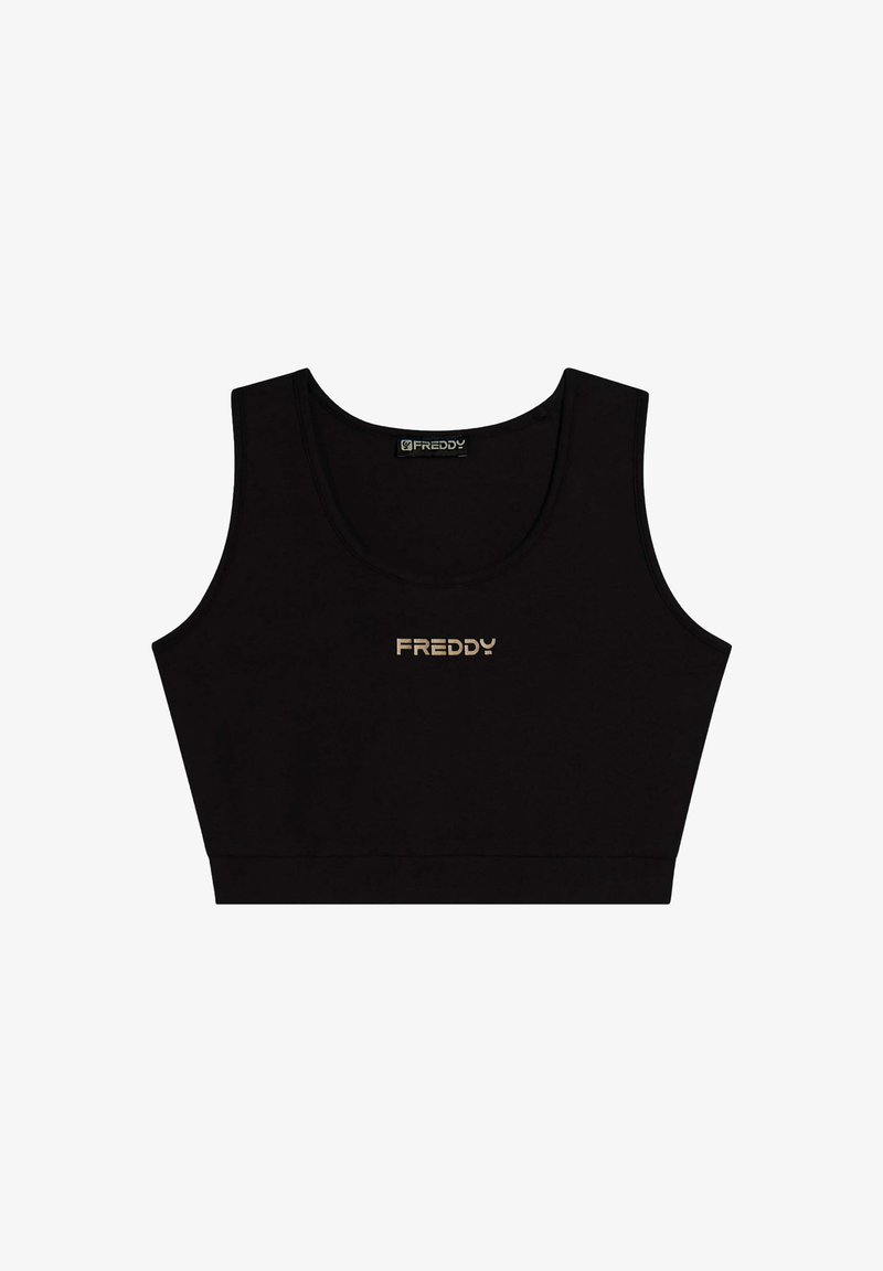 Top corto negro hecho de una tela suave con escote redondo. Presenta un logo central dorado "FREDDY" en la parte frontal.