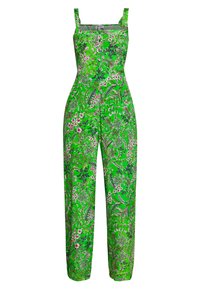 Jumpsuit floreale verde con scollo quadrato, spalline sottili e vestibilità ampia. Presenta vari motivi floreali con dettagli in rosa e viola.