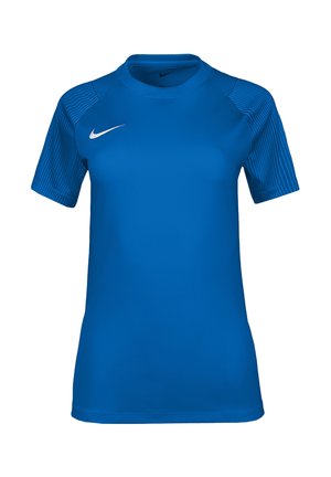 Blaues Sportshirt mit kurzen Ärmeln, strukturierten Ärmeln und weißem Nike-Logo auf der rechten Brustseite.