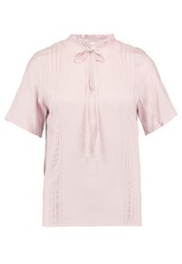Blusa corta de manga corta en rosa claro con cuello fruncido y lazo frontal, que presenta plisados verticales a ambos lados del frente.