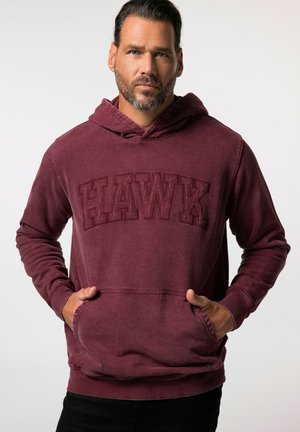 Felpa borgogna con tasca frontale, caratterizzata dal logo "HAWK" in rilievo. Tessuto morbido e testurizzato con cappuccio regolabile.