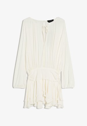 Wit mini-jurkje met lange mouwen, geplooide taille, keyhole-halslijn met strik en gelaagde ruches aan de zoom.