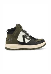Hoge sneakers met een mix van olijfgroen, zwart en witte materialen. Gestructureerd leder, gewatteerde kraag en opvallende hardware accenten.
