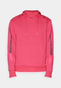 Jasnoróżowa bluza z kapturem z przednią kieszenią, regulowanymi sznurkami, ściągaczami przy rękawach oraz ciemnoróżowymi akcentami na ramionach i rękawach.