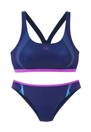 Two-piece navy blue sports swimsuit with purple trim and light blue and purple geometric stripe accents on top and bottom.
