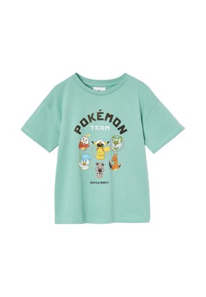 Mint green short-sleeve T-shirt with six Pokémon characters and text "POKÉMON TEAM" and "BATTLE READY!" centered on the front.