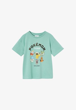 Mint green short-sleeve T-shirt with six Pokémon characters and text "POKÉMON TEAM" and "BATTLE READY!" centered on the front.