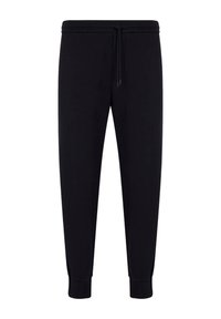 Pantalones de chándal negros con cinturilla ajustable, piernas ajustadas y puños acanalados. Fabricados en material suave sin patrones o detalles visibles.