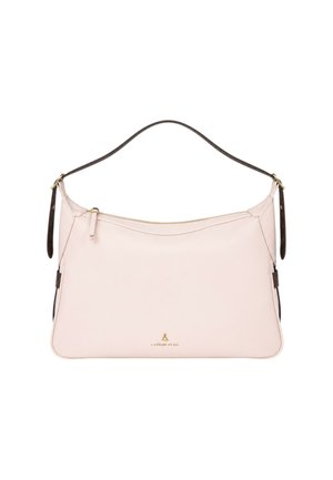 Borsa a mano in pelle rosa chiaro con tracolla marrone scuro e cerniera dorata, con un piccolo logo dorato al centro davanti.
