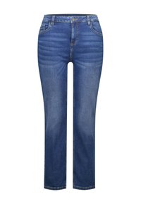 Jeans en denim bleu avec une coupe droite, dotés d'une fermeture à bouton à l'avant, de cinq poches et d'une légère décoloration le long des cuisses.