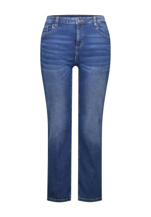 Blauwe denim jeans met een recht gesneden pijp, voorzien van een voorknopsluiting, vijf zakken en subtiele vervaging langs de dijen.