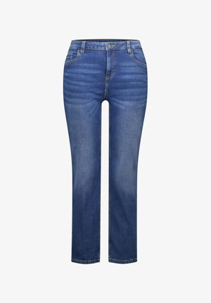Jeans en denim bleu avec une coupe droite, dotés d'une fermeture à bouton à l'avant, de cinq poches et d'une légère décoloration le long des cuisses.