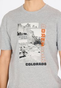 Harmaa puuvillateeppari, jossa on mustavalkoinen graafinen printti vuorista, oranssilla "ADRENALIN"-tekstillä ja maantieteellisillä koordinaateilla.