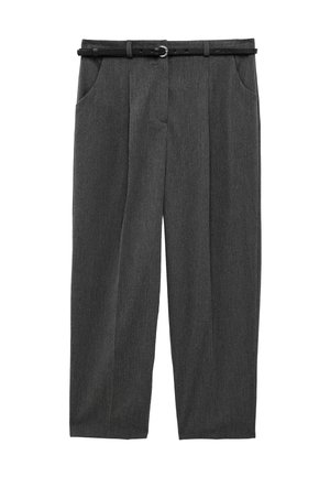 Pantalones de vestir gris oscuro con cinturón negro, con bolsillos laterales y corte recto, colocados planos sobre un fondo blanco.