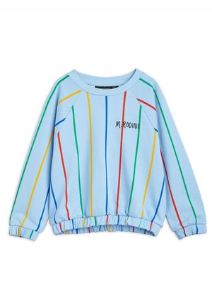 Lyseblå børnesweatshirt med lange ærmer, lodrette striber i rød, gul, grøn og blå, og teksten "M. RODINI" på brystet.