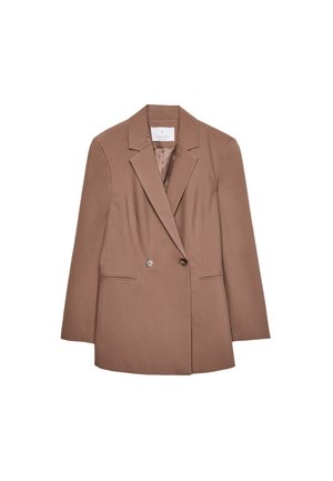 Hnědý šitý blazer s dvojitým zapínáním, klopovými límci a dvěma předními kapsami. Hladká látka se strukturovaným střihem.