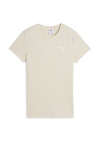 Beige T-shirt met korte mouwen van ribbelstof. Heeft een ronde hals en een klein wit Puma-logo op de linkerkant van de borst.