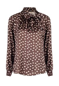 Blusa marrone a maniche lunghe con collo a fiocco, con un motivo a pois in crema. Realizzata in tessuto morbido con dettagli arricciati sulle spalle.