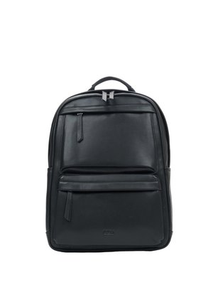 Rucsac din piele neagră cu două compartimente frontale cu fermoar și o mâner de sus, prezentat pe un fundal alb simplu.