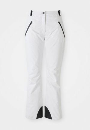 Weiße Skihose mit schwarzen Reißverschlusstaschen, einem Knopfverschluss und einer taillierten Passform, die am Saum schwarze Akzente für einen Kontrast aufweist.