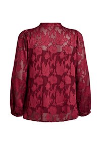 Bordó průhledná blouse s květinovou výšivkou, dlouhými rukávy a kulatým límcem. Měkká textura a mírně volný střih.