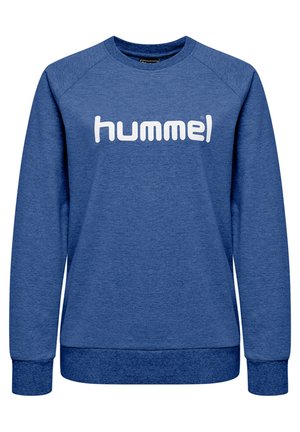 Blaues Sweatshirt mit Raglanärmeln, das auf der Vorderseite ein großes weißes "hummel"-Logo zeigt. Aus weichem, strukturiertem Material gefertigt.