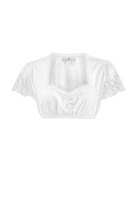 Weißes Crop Top mit kurzen Spitzenärmeln, quadratischem Ausschnitt und gerafftem Vorderteil mit einem gerafften Saum. Texturierte Spitzenakzente.