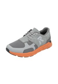 Gray athletic shoe with mesh and suede material, orange rubber sole, white laces, and a distinctive logo on the side.