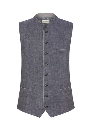 Dark blue, sleeveless vest made of a textured fabric, featuring a stand-up collar, six buttons, and one front pocket.